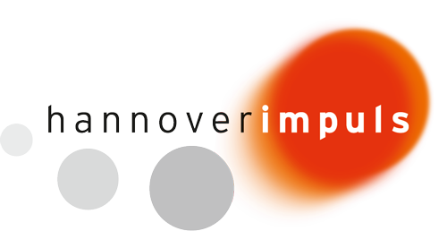 Logo "hannoverimpuls": Schriftzug in Schwarz und Rot, begleitet von drei grauen Kreisen und einem roten Kreis mit Farbverlauf.